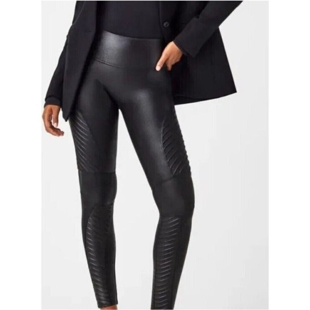 SPANX Black Faux Leather Moto Leggings, Women’s Medium Petite